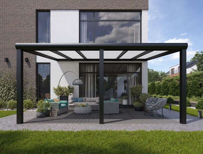 Terrassenueberdachung in Matt Anthrazit (RAL 7016), 600 x 350 cm mit Opal Polycarbonat