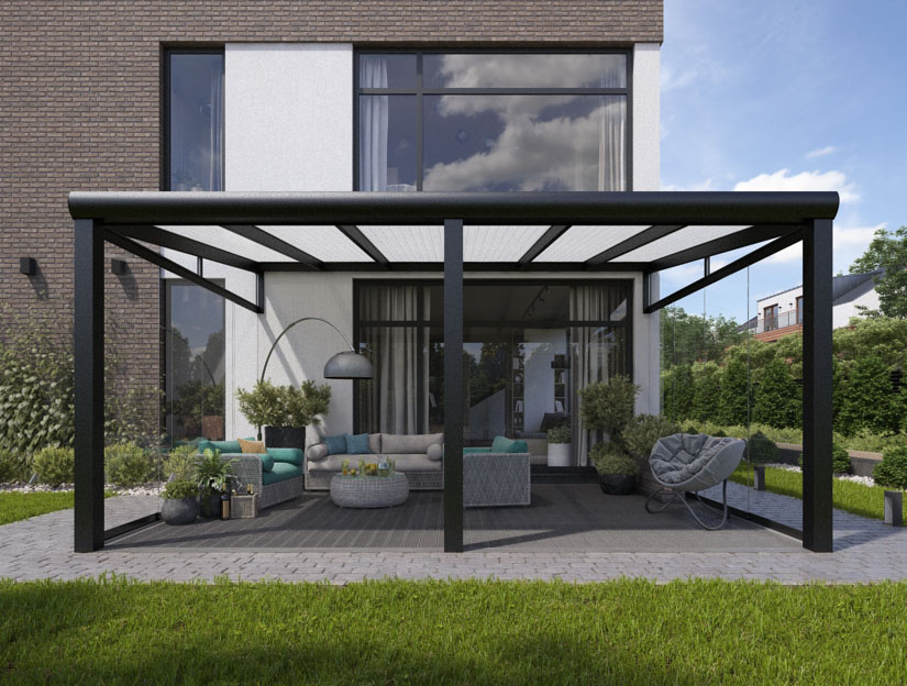 Veranda in Matt Anthrazit (RAL 7016), 600 x 400 cm mit Opal Polycarbonat