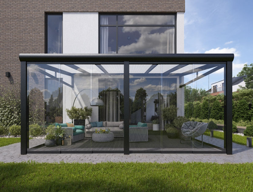 Wintergarten in Matt Anthrazit, 600 x 400 cm mit Opal Polycarbonat