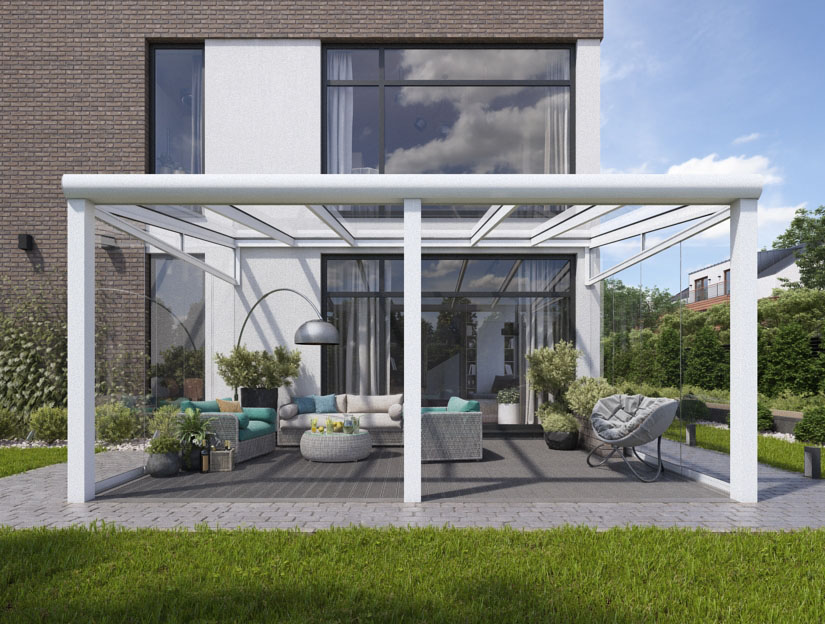 Veranda in Matt Weiß (RAL 9016), 600 x 350 cm mit Opal Polycarbonat