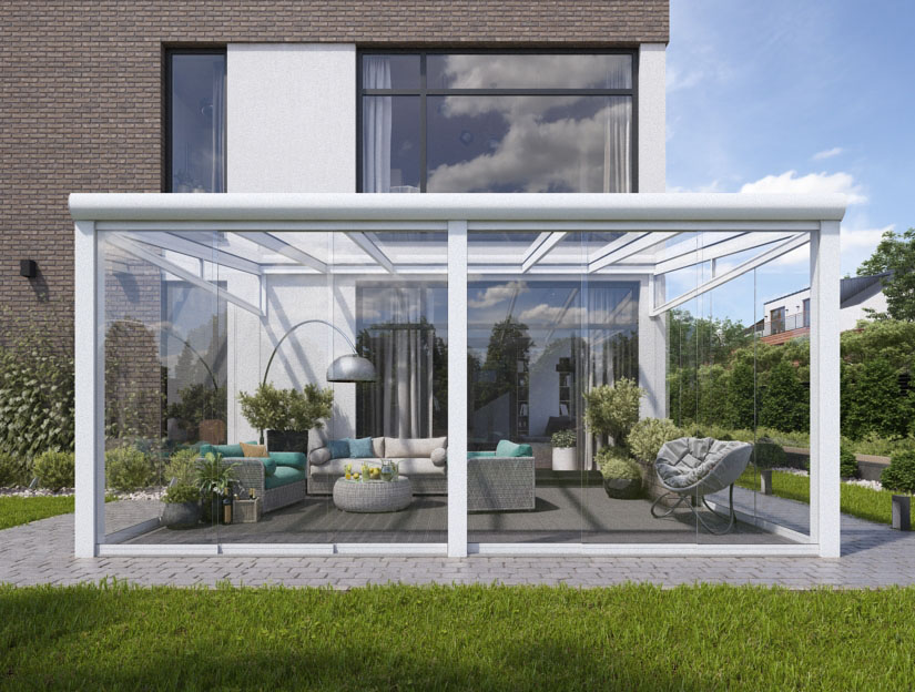 Wintergarten in Matt Weiß, 600 x 350 cm mit Opal Polycarbonat