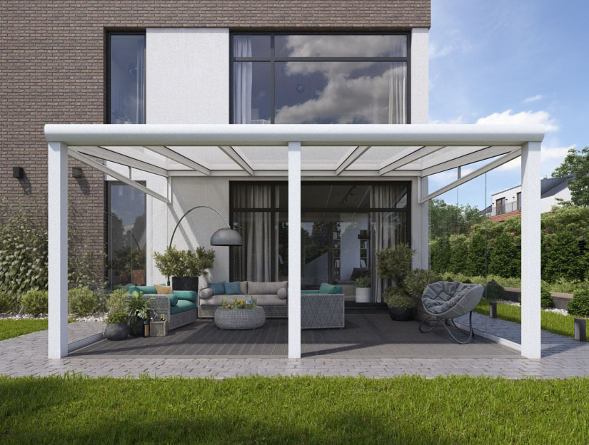 Veranda in Matt Weiß (RAL 9016), 600 x 350 cm mit Milchglas