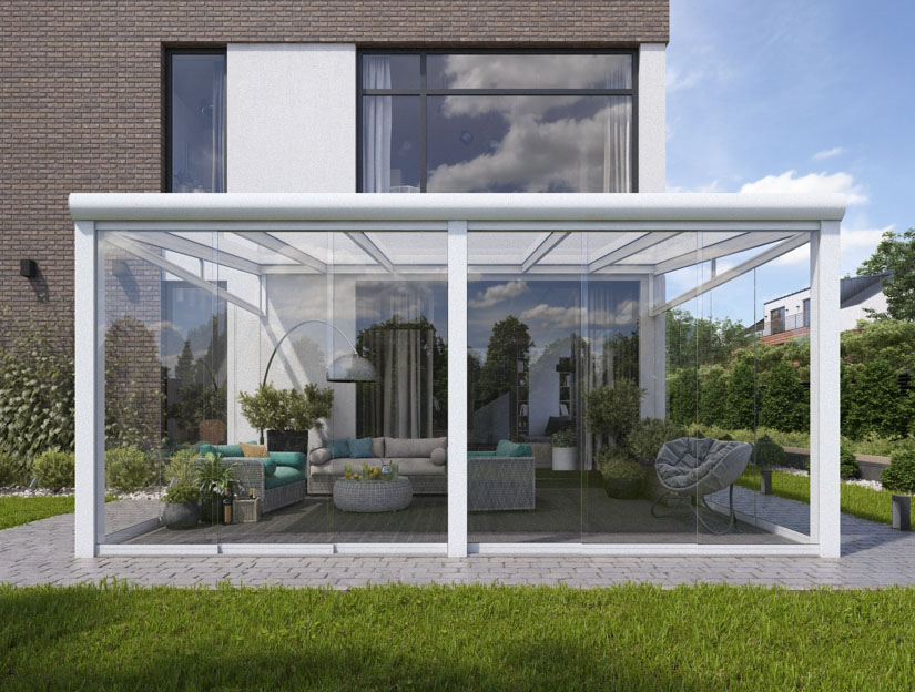 Wintergarten in Matt Weiß, 600 x 300 cm mit Milchglas