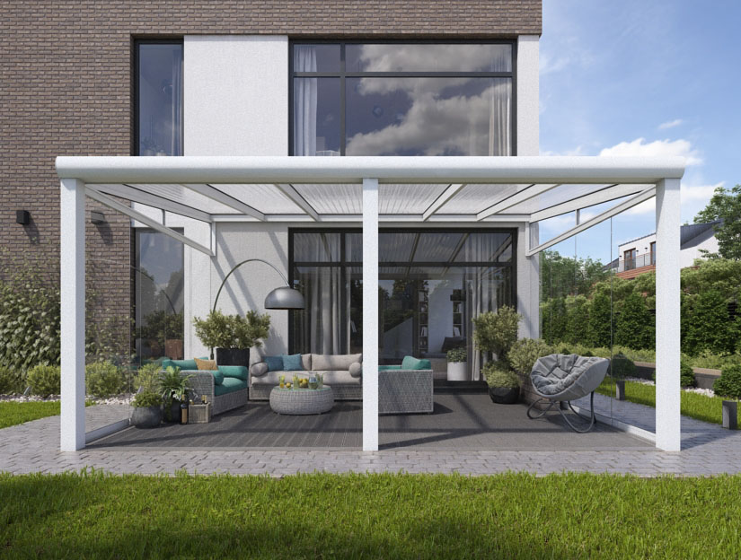 Veranda in Matt Weiß (RAL 9016), 600 x 350 cm mit Klar Polycarbonat