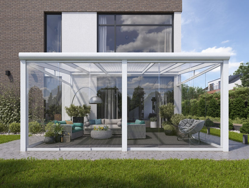 Wintergarten in Matt Weiß, 600 x 400 cm mit Klar Polycarbonat