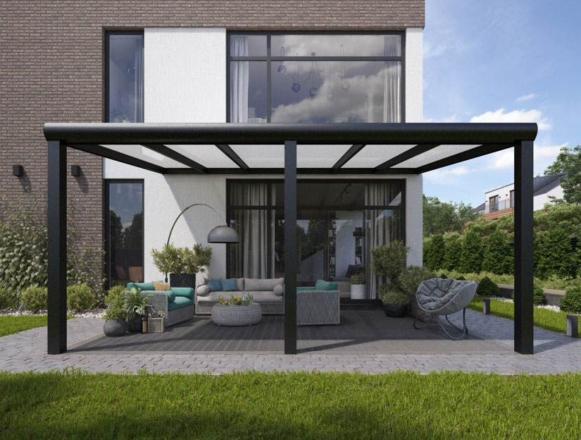 Terrassenueberdachung in Matt Anthrazit (RAL 7016), 600 x 400 cm mit Milchglas