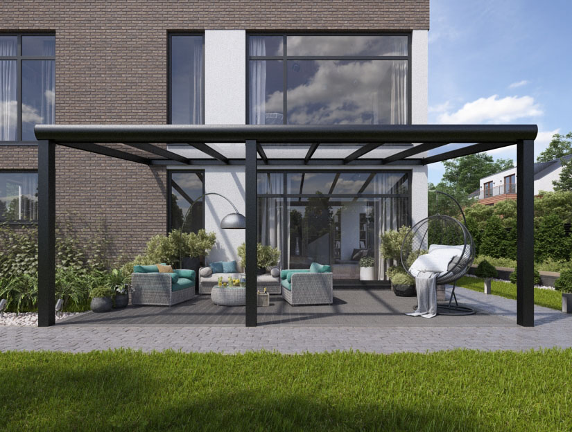 Terrassenueberdachung in Matt Anthrazit (RAL 7016), 800 x 300 cm mit Klarglas