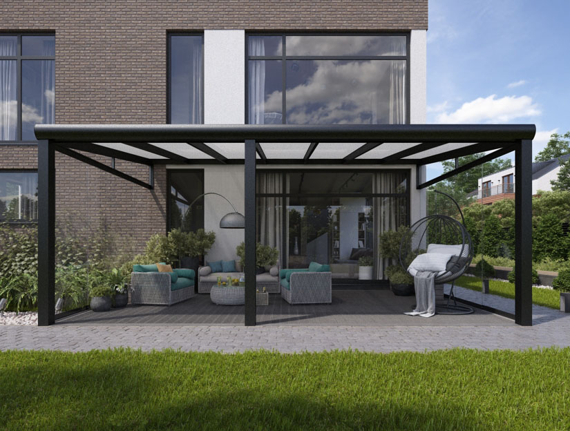 Veranda in Matt Anthrazit (RAL 7016), 800 x 250 cm mit Milchglas