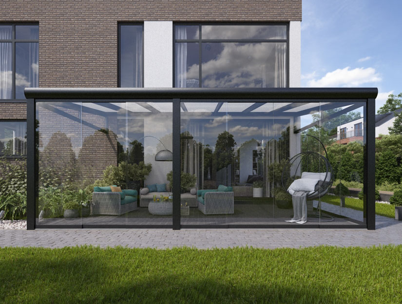 Wintergarten in Matt Anthrazit, 800 x 400 cm mit Milchglas