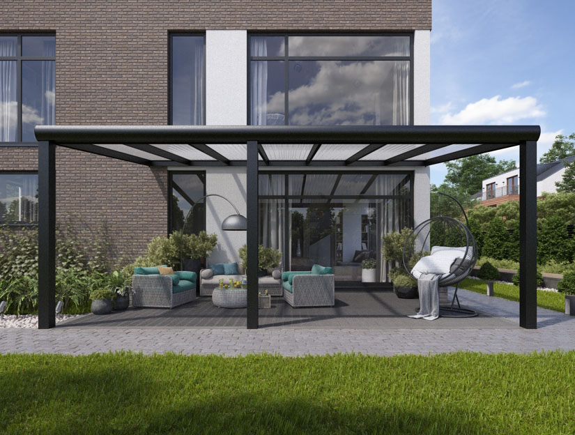 Terrassenueberdachung in Matt Anthrazit (RAL 7016), 800 x 300 cm mit Klar Polycarbonat