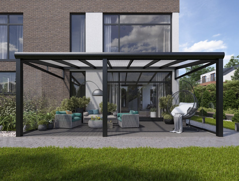 Veranda in Matt Anthrazit (RAL 7016), 800 x 250 cm mit Klar Polycarbonat