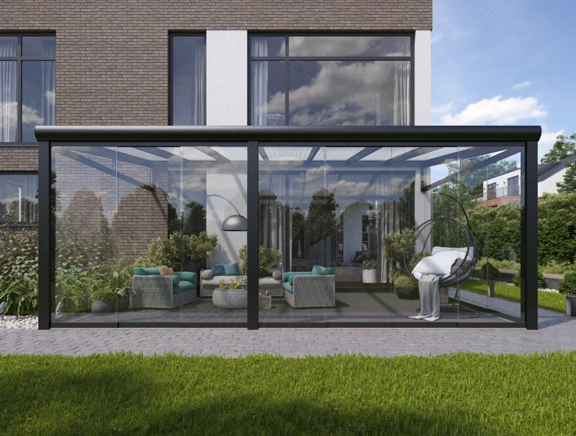 Wintergarten in Matt Anthrazit, 800 x 400 cm mit Klar Polycarbonat
