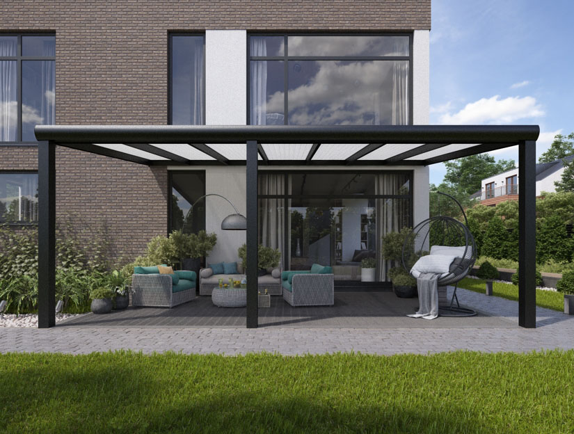 Terrassenueberdachung in Matt Anthrazit (RAL 7016), 800 x 250 cm mit Opal Polycarbonat