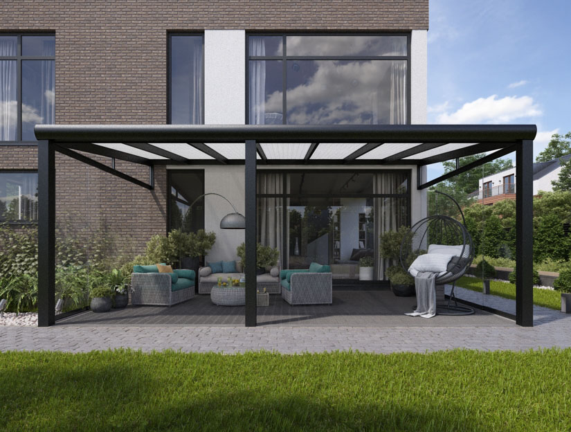 Veranda in Matt Anthrazit (RAL 7016), 800 x 400 cm mit Opal Polycarbonat