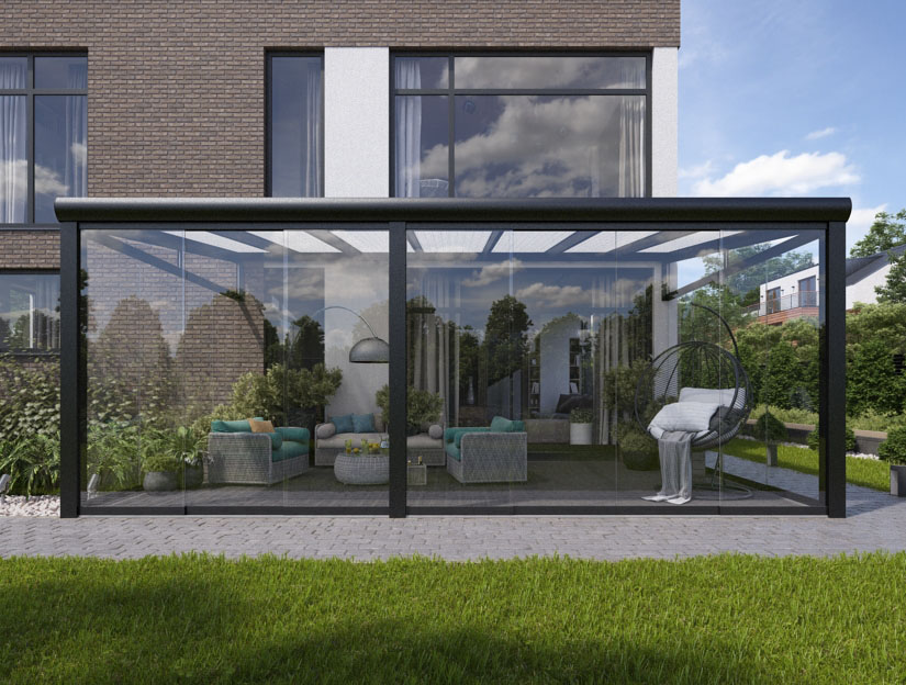 Wintergarten in Matt Anthrazit, 800 x 300 cm mit Opal Polycarbonat