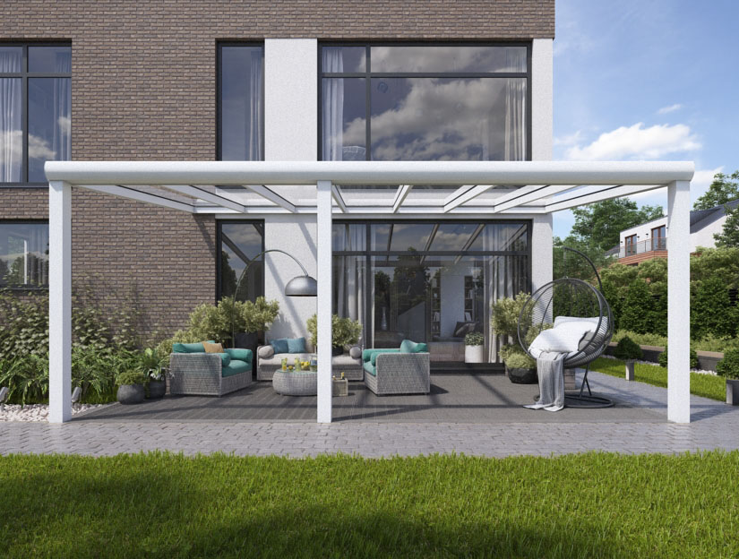 Terrassenueberdachung in Matt Weiß (RAL 9016), 800 x 400 cm mit Opal Polycarbonat