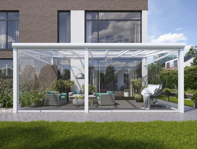 Wintergarten in Matt Weiß, 800 x 350 cm mit Opal Polycarbonat