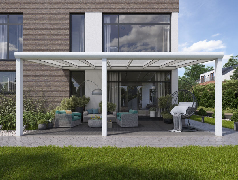 Terrassenueberdachung in Matt Weiß (RAL 9016), 800 x 250 cm mit Milchglas