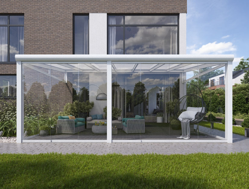 Wintergarten in Matt Weiß, 800 x 250 cm mit Milchglas