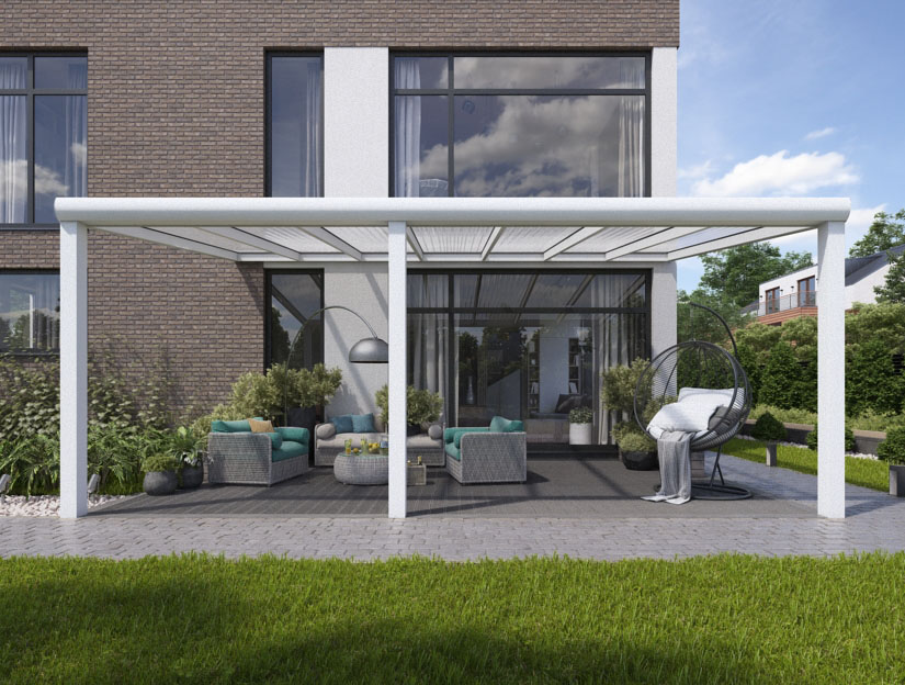 Terrassenueberdachung in Matt Weiß (RAL 9016), 800 x 250 cm mit Klar Polycarbonat