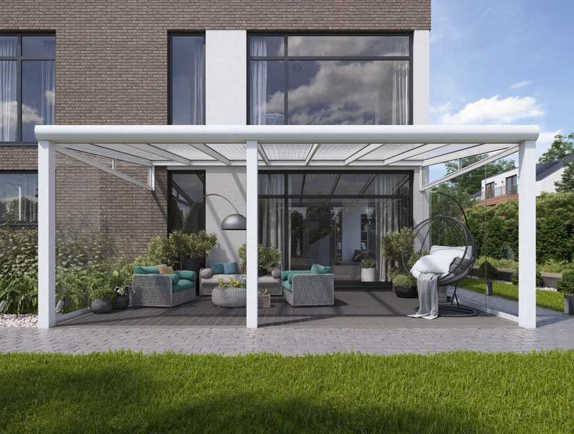 Veranda in Matt Weiß (RAL 9016), 800 x 300 cm mit Klar Polycarbonat
