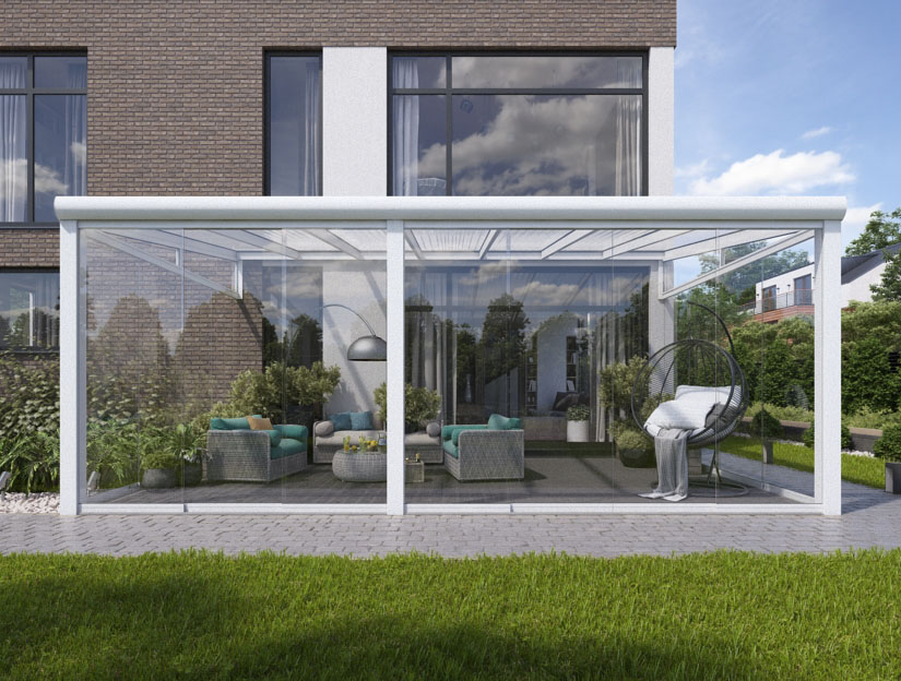 Wintergarten in Matt Weiß, 800 x 350 cm mit Klar Polycarbonat