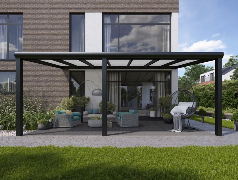 Terrassenueberdachung in Matt Anthrazit (RAL 7016), 800 x 250 cm mit Milchglas