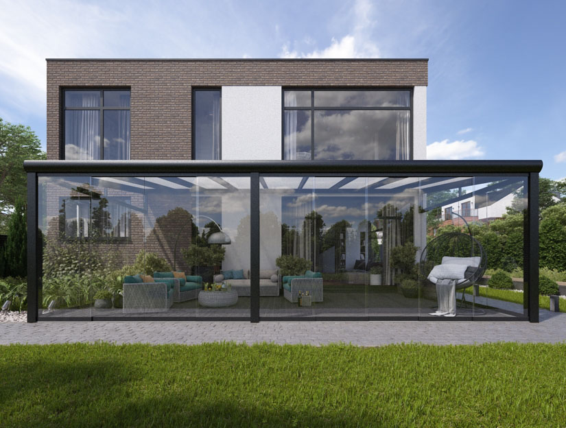 Wintergarten in Matt Anthrazit, 1000 x 350 cm mit Milchglas