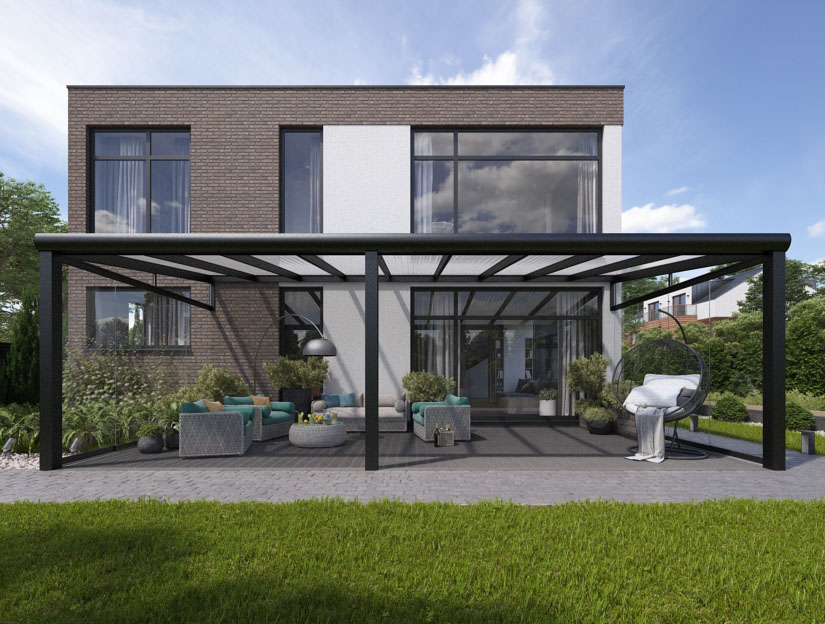Veranda in Matt Anthrazit (RAL 7016), 1000 x 250 cm mit Klar Polycarbonat