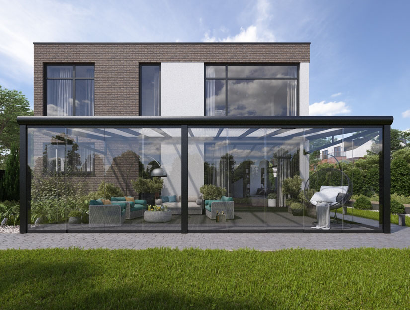 Wintergarten in Matt Anthrazit, 1000 x 350 cm mit Klar Polycarbonat