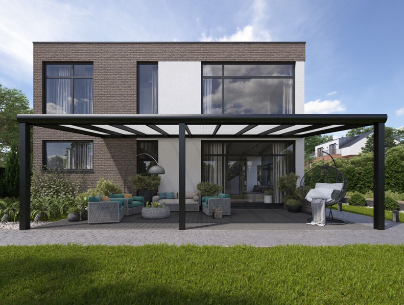 Terrassenueberdachung in Matt Anthrazit (RAL 7016), 900 x 250 cm mit Opal Polycarbonat