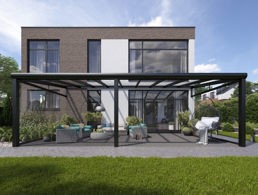 Veranda in Matt Anthrazit (RAL 7016), 1000 x 250 cm mit Klarglas
