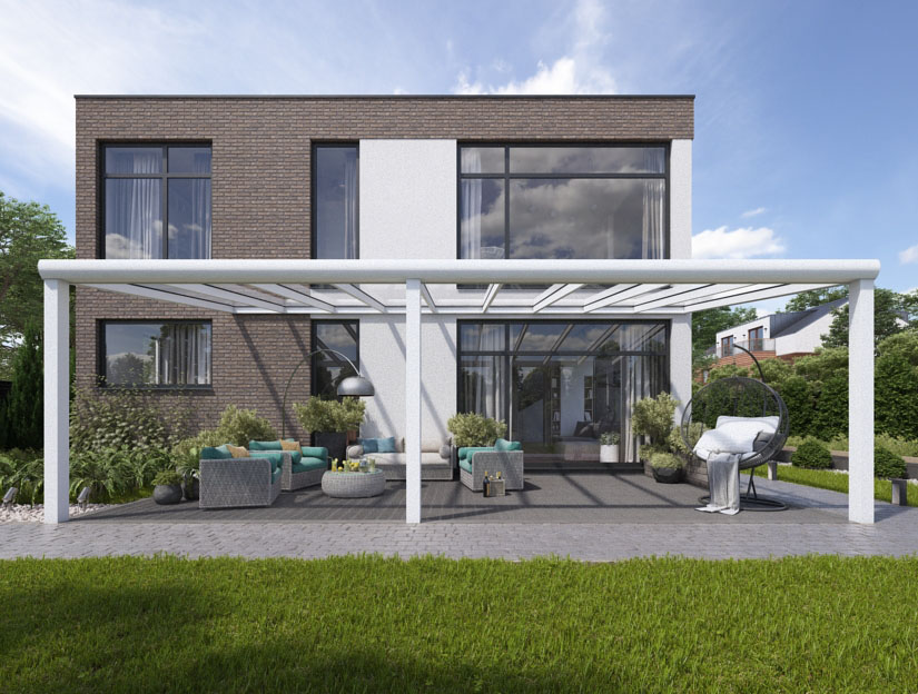Terrassenueberdachung in Matt Weiß (RAL 9016), 1000 x 300 cm mit Opal Polycarbonat