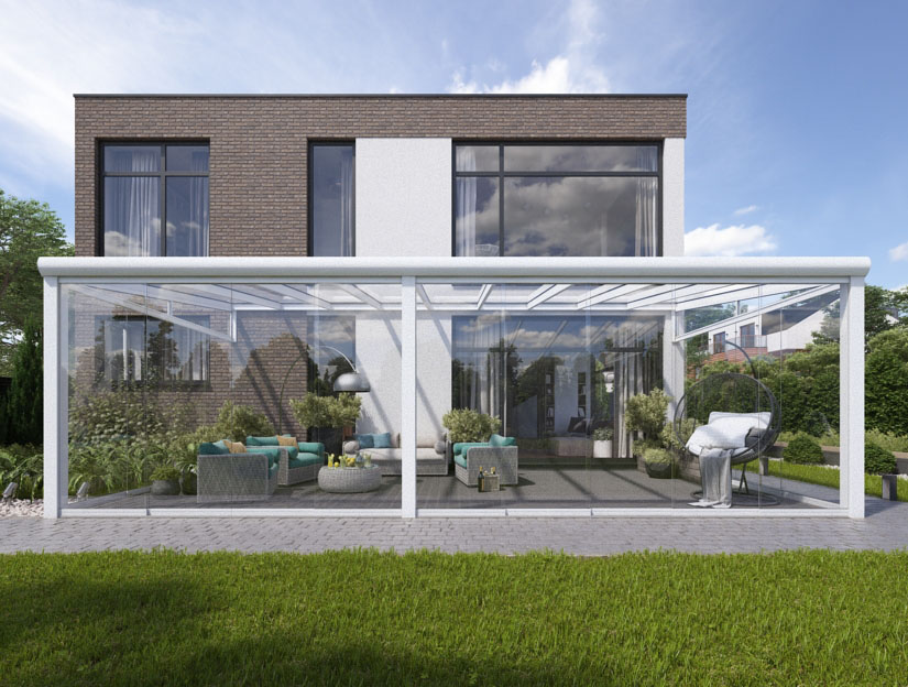 Wintergarten in Matt Weiß, 1000 x 250 cm mit Opal Polycarbonat