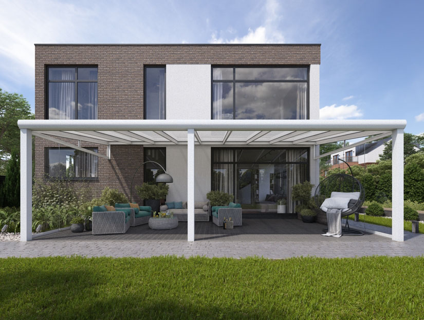 Veranda in Matt Weiß (RAL 9016), 1000 x 350 cm mit Milchglas