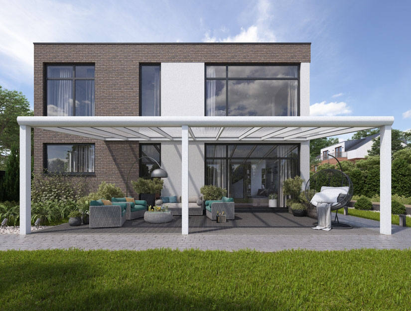 Terrassenueberdachung in Matt Weiß (RAL 9016), 900 x 300 cm mit Klar Polycarbonat