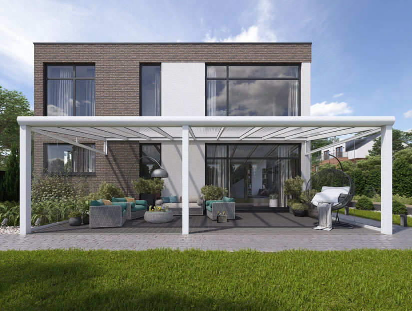 Veranda in Matt Weiß (RAL 9016), 1000 x 250 cm mit Klar Polycarbonat
