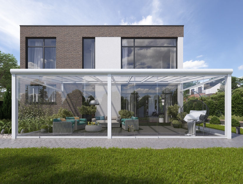 Wintergarten in Matt Weiß, 1000 x 400 cm mit Klar Polycarbonat