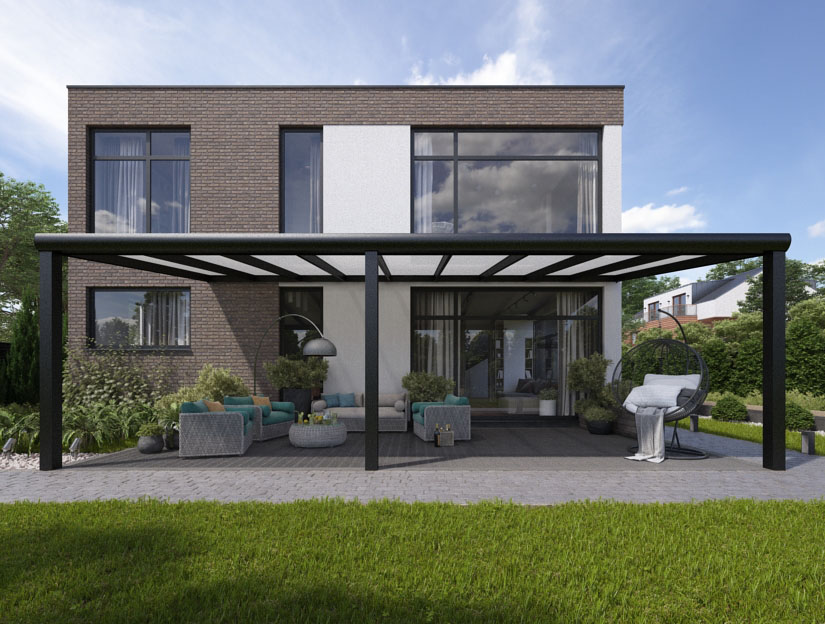 Terrassenueberdachung in Matt Anthrazit (RAL 7016), 1000 x 250 cm mit Milchglas