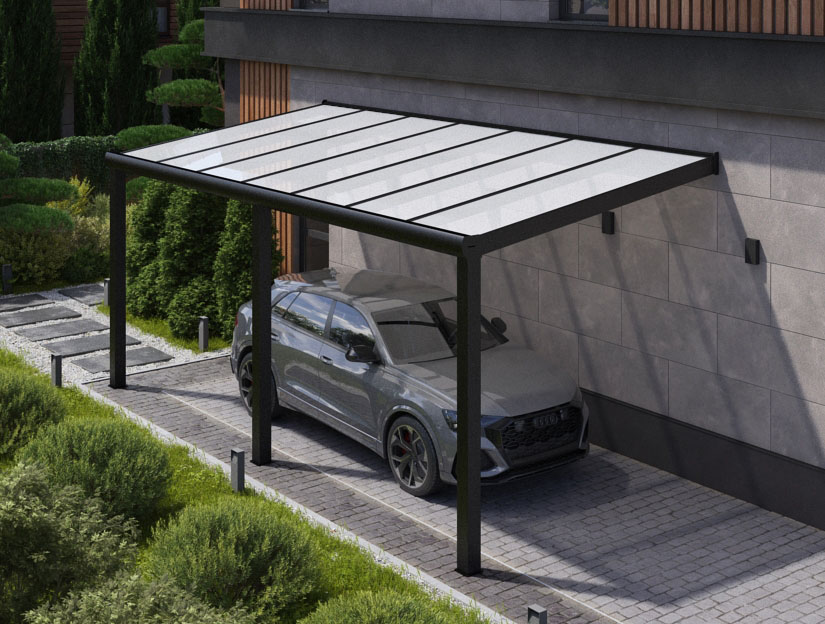Carports in Matt Anthrazit, 800 x 400 cm mit Milchglas