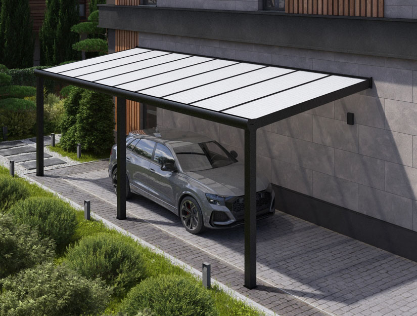 Carports in Matt Anthrazit, 900 x 300 cm mit Opal Polycarbonat