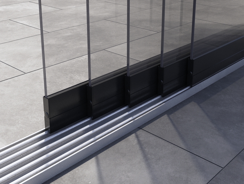 Glasschiebewand in Matt Anthrazit, 4900 mm (5-spurig) x 2000 mit Milchglas