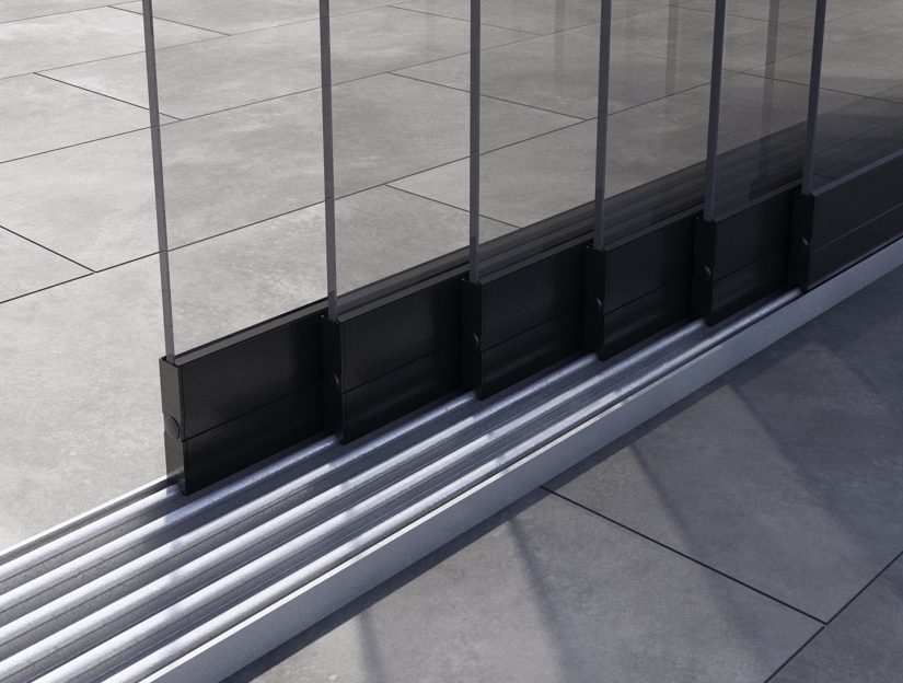 Glasschiebewand in Matt Anthrazit, 5880 mm (6-spurig) x 2000 mit Klarglas