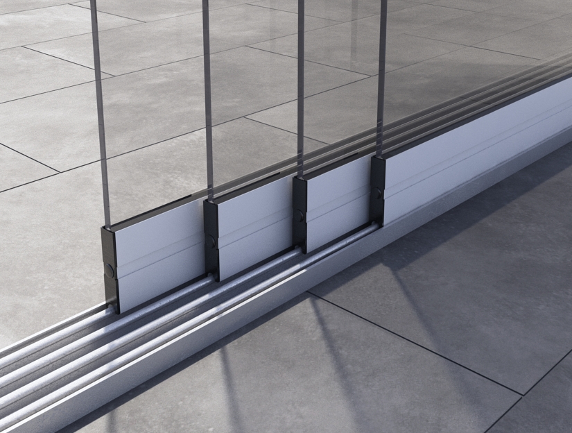 Glasschiebewand in Matt Weiß, 3920 mm (4-spurig) x 2000 mit Milchglas