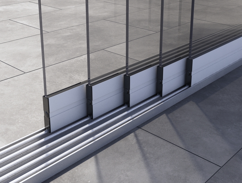 Glasschiebewand in Matt Weiß, 4900 mm (5-spurig) x 2000 mit Milchglas