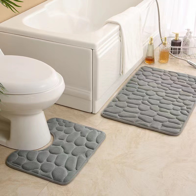 Pebble-Pattern Bathroom Mat Set - U-Shaped Toilet Rug With 3-Piece Non-Slip Coral Fleece Mats (Fast Absorbing Easy Clean Waterproof 24'X16')​​