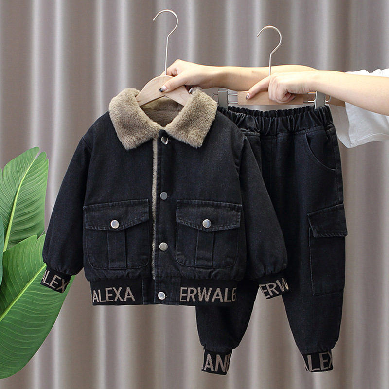 Boys' Winter Suit Thickened Fleece Suit Children's Autumn And Winter Denim Two-piece Baby Winter Tide