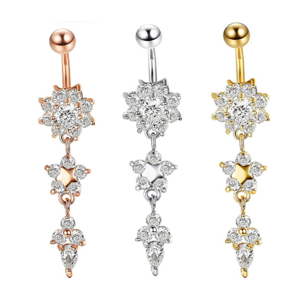 Yamaler Lady Rhinestone Flower Stainless Steel Belly Button Navel Ring Piercing Jewelry