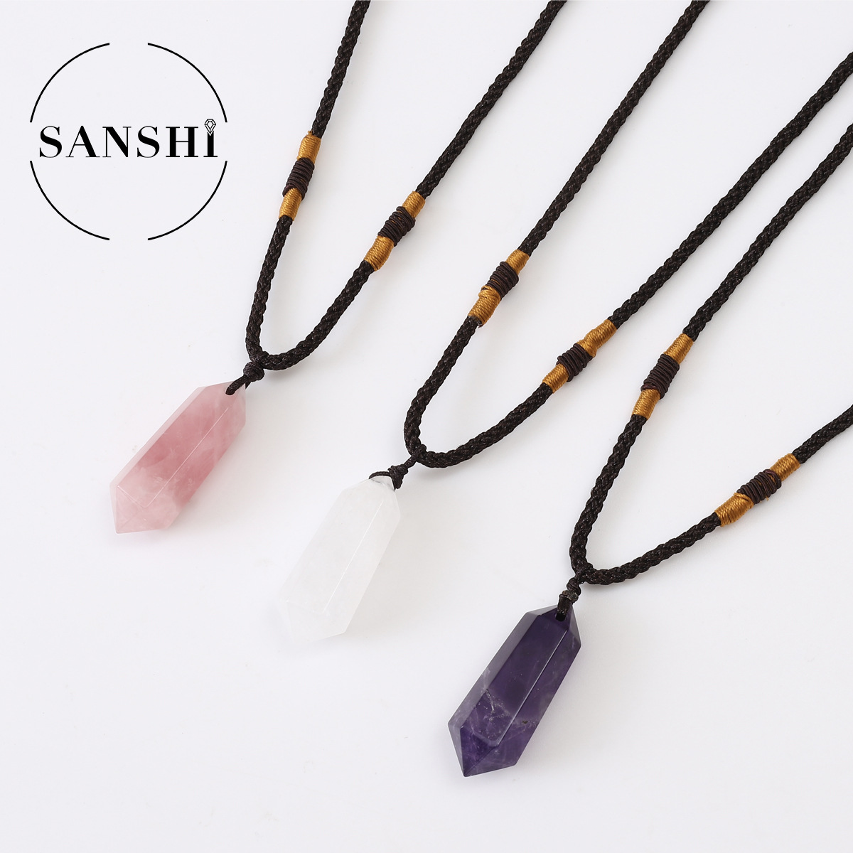Women's Jewelry Natural Amethyst Double Pointed Crystal Column Pendant Raw Stone Polished Energy Stone Pendant Decorative Necklace