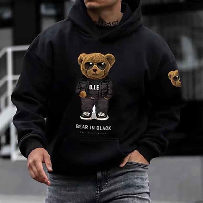 Men's Clothing 2024 New Men's Sweatshirt Bear In Black Bear Doll Print Long Sleeve Jacket Autumn and Winter Plush Sweatshirt